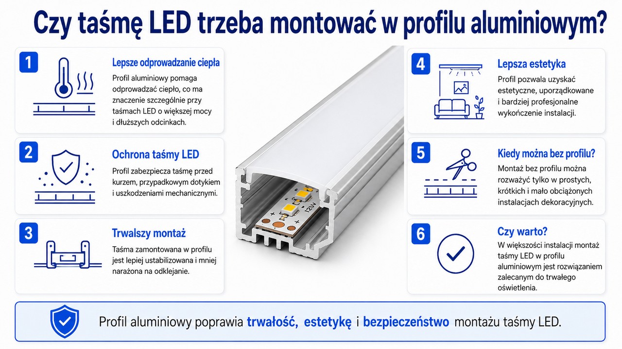 Czy taśmę LED trzeba montować w profilu aluminiowym?
